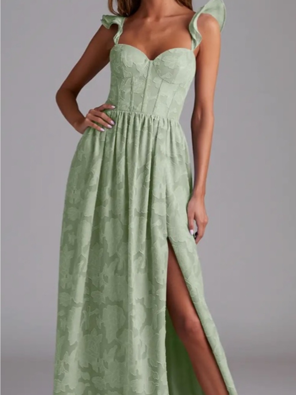 Azazie Sage Green Lace Sweetheart Gown with Ruffle Straps